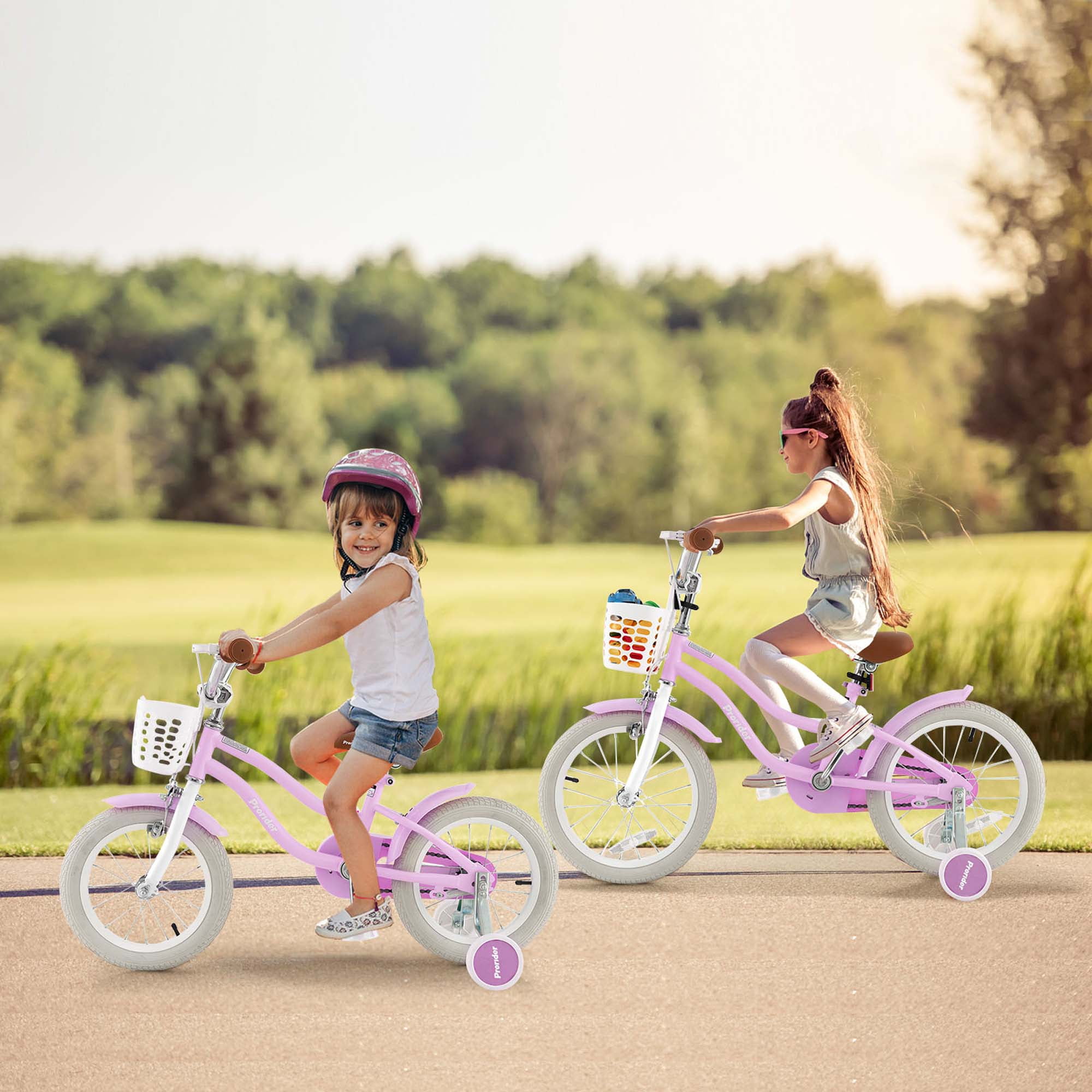 16 Inch Kids Bike with Front Handbrake and 2 Training Wheels Pink costway