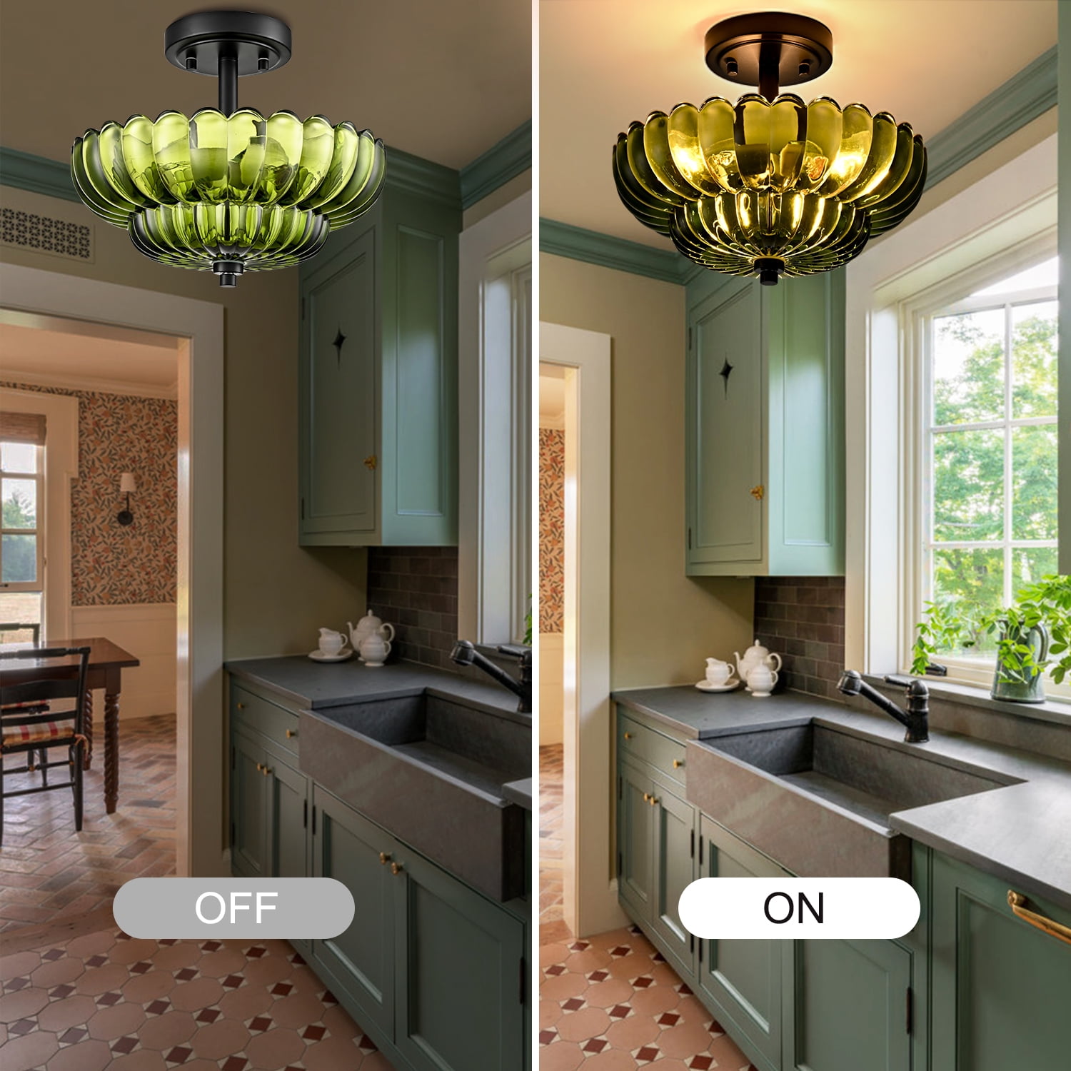 Como 3-Light Modern Black Semi Flush Mount Ceiling Light with Scalloped Green Glass Shade