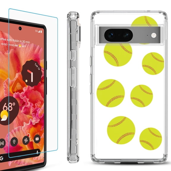 OneToughShield ® for Google Pixel 7a Shockproof Bumper Phone Case, with Tempered Glass Screen Protector - Softball Seven