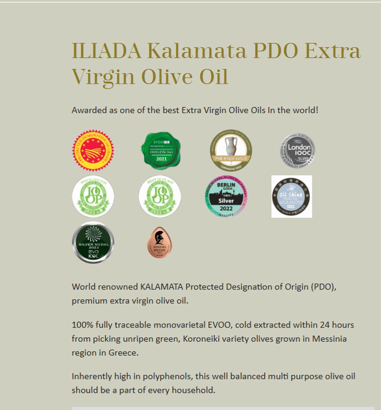 Iliada Kalamata PDO Extra Virgin Olive Oil, First Cold Press, 25 oz