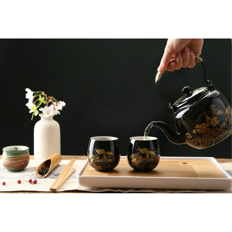 Dujust Black Porcelain Japanese Adult Tea Set for Drink, 27oz Teapot with  Infuser & Lid & Spout & Handle, 6 Tea Cups, 1 Tray 