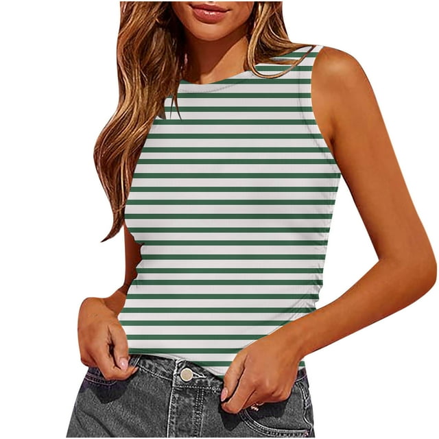 Plebaso Débardeurs Rayés Slim pour Femmes Sans Manches Col Rond Blouses Froncées Été Décontracté Basique Tee Tops