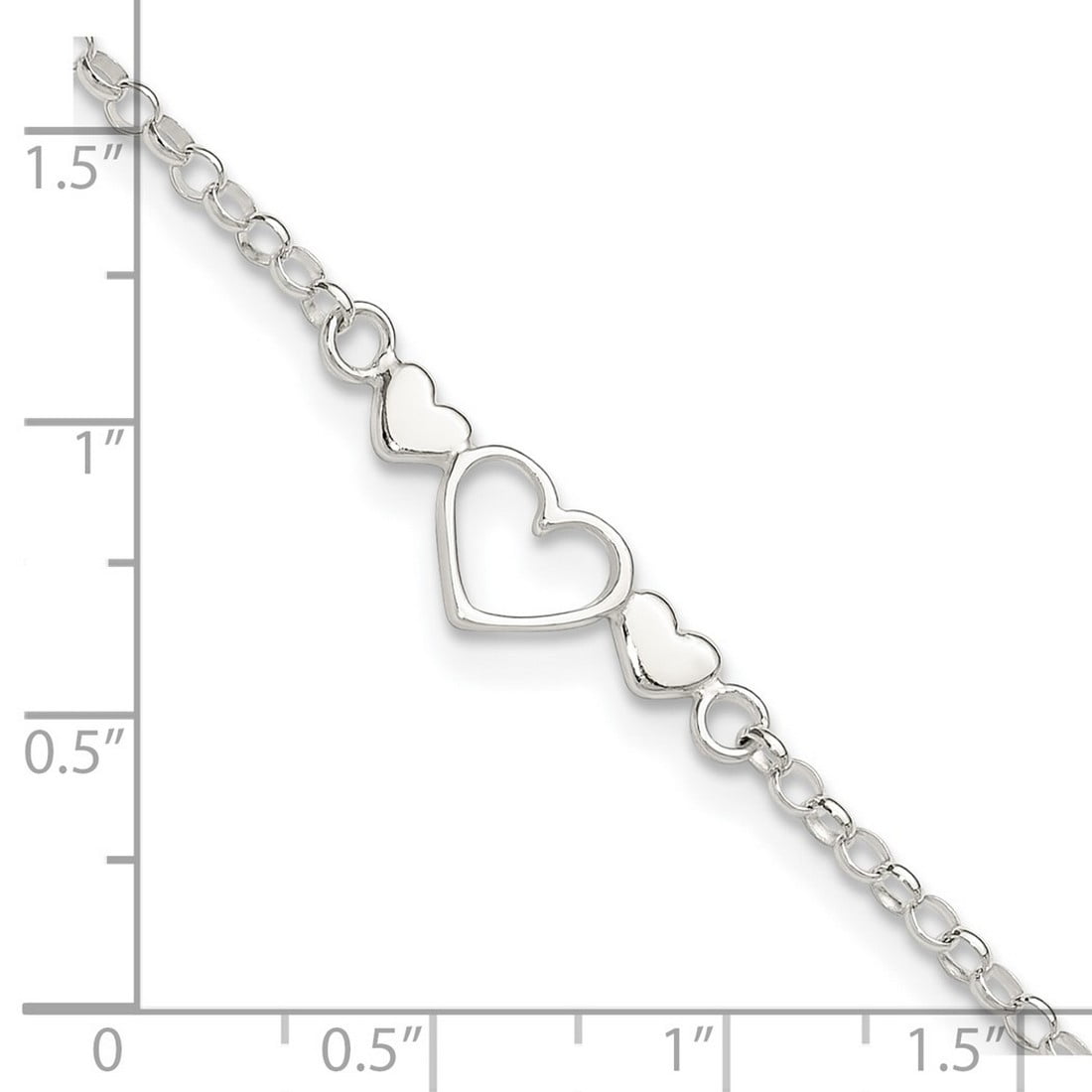 925 Sterling Silver Solid Polished Adjustable Triple Love Heart Ankle Bracelet 10 Inch Spring-Ring 7mm Wide Anklet for W