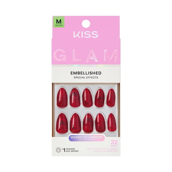 Kiss Glam Embellished Press On Nails Almond, ‘Famous’, Red, Medium Length, 32 Count