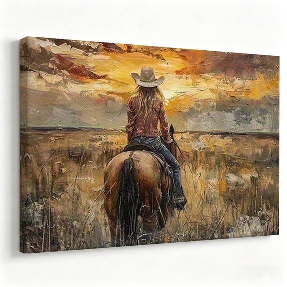 Aelyqur art Cowgirl Riding Horse Canvas Wall Art Western Landscape Poster Country Farmhouse Theme Living Room Bedroom Decor Print Ready to Hang12*16