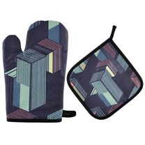 Yayeee Oven Mitts and Pot Holder Set of 4 Heat Resistant Kitchen Gloves Baking Hot Pad, Cube Stripes