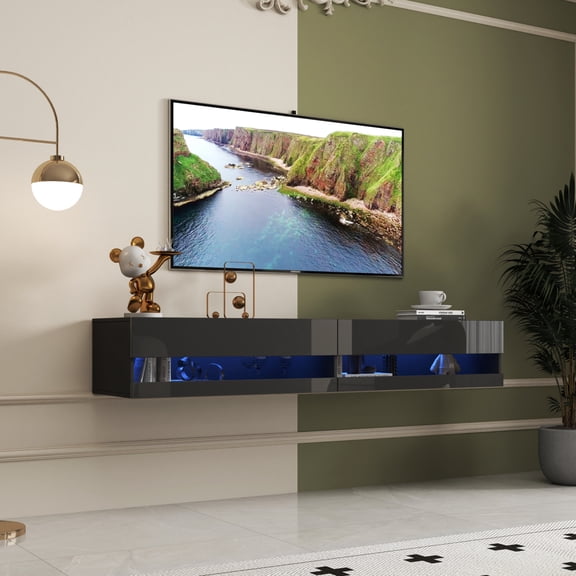 Noble House Elen 70.9" Floating TV Stand for up to 80" TVs, 20-Color LED with Remote, Charging Station, Black
