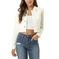thumbnail image 1 of CHAQUETA DE MEZCLILLA RECORTADA BLANCA CON CUELLO CAÍDO Y ABOTONADO PARA MUJERES INSPIRADA EN CHIC, TALLA XS, 1 of 8
