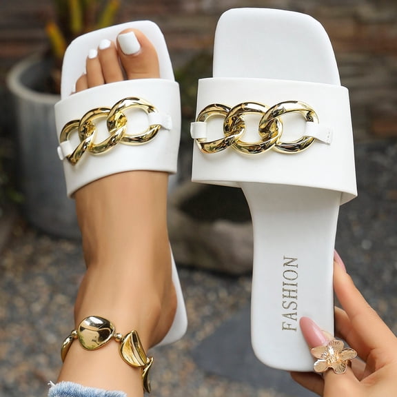 Ytobaz Slide Sandals for women Chain Accent Leather Slides Square Toe Flat Sandals Office Vacation Travel Walking Daily Casual Summer Footwear