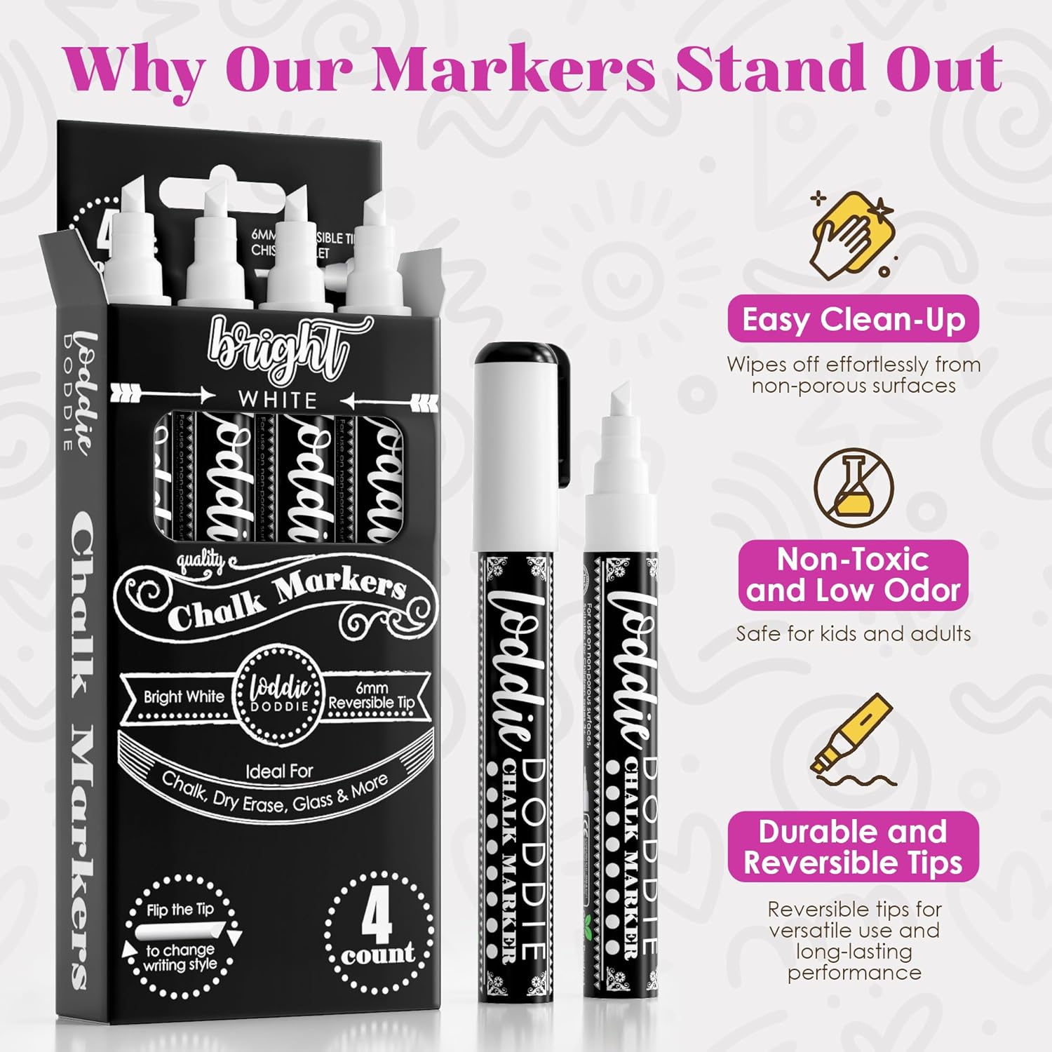 Liquid Chalk Markers - Pack of 4, 6 mm Tip, White - Chalk Pens for Blackboard & Glass Surfaces - Erasable Window & Mirror Markers