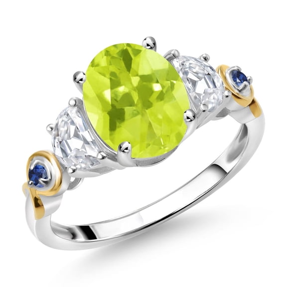 Gem Stone King 925 Silver and 10K Yellow Gold 3-Stone Ring Oval Yellow Lemon Quartz and Moissanite (2.15 Cttw, Size 8)