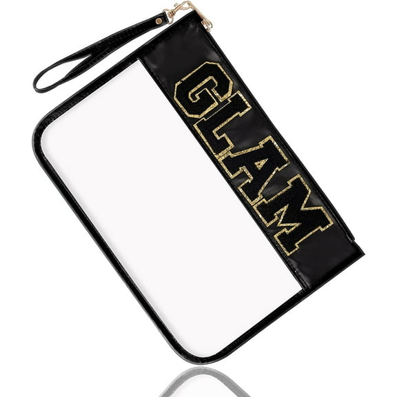 Chenille Letter Clear Bag,Monogram PVC & PU Clear Zipper Pouch with Wristlet,Waterproof Portable Glitter Makeup Pouch Toiletry Bag for Women Girls(Glam-Black)