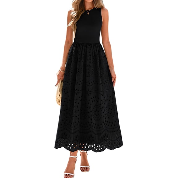 Jaimenalin Women'S Summer Dresses Sleeveless Crewneck A-Line Boho Lace Eyelet Tank Maxi Dress with Pockets Black XXL