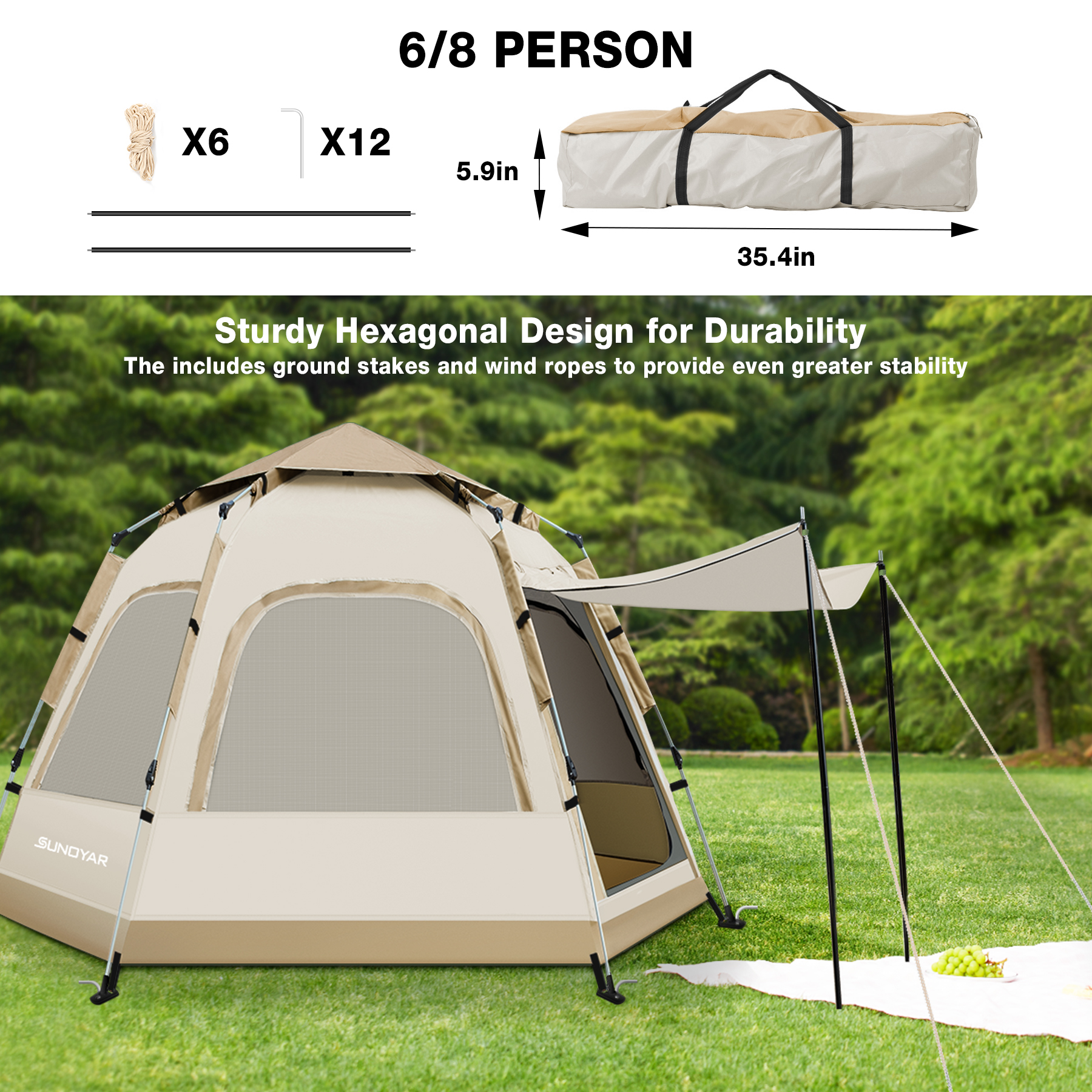Carpa para acampar SUNOYAR para 4-6 personas, con bolsa de transporte, carpa instantánea para exteriores, senderismo y viajes 3