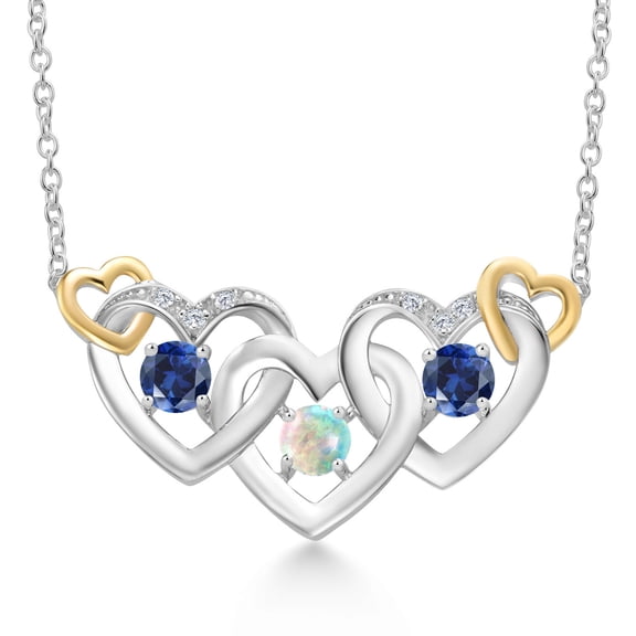Gem Stone King 925 Silver and 10K Yellow Gold White Opal Blue Created Sapphire and White Lab Grown Diamond Heart Shape Pendant Necklace for Women (0.81 Cttw, with 18 inch Chain)