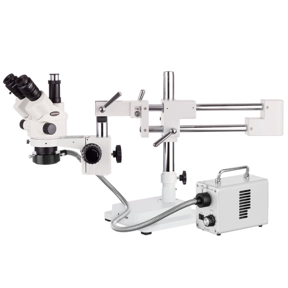 AmScope 7X-45X Simul-Focal Stereo Zoom Microscope on Dual Arm Boom Stand   30W LED Ring Illuminator New