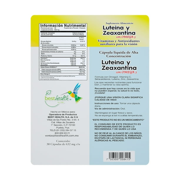 Luteína y Zeaxantina con OMEGA 3 BEST HEALTH 30 Cápsulas Líquidas Alta concentración para la vista