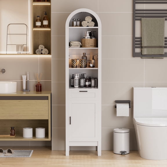 70" Tall Bathroom Storage Cabinet with 3 Adjustable Shelves,Tall Narrow Arched Tower Cabinet and Drawer, Space Saving Organizer for Small Spaces, Bathroom Living Room