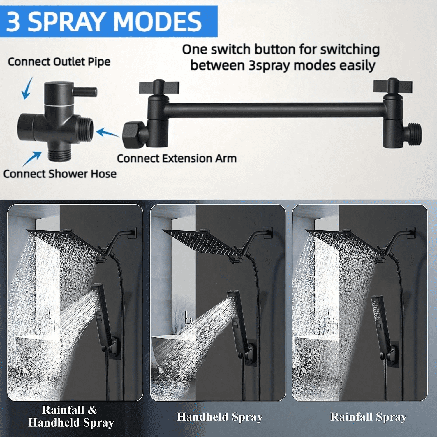 Shower Head with Hose, 8'' High Pressure Rain Shower Head, Handheld Shower Head Combo with 11'' Extension Arm, 2+1 Spray Settings Adjustable Shower Head with Holder, Height/Angle Adjustable