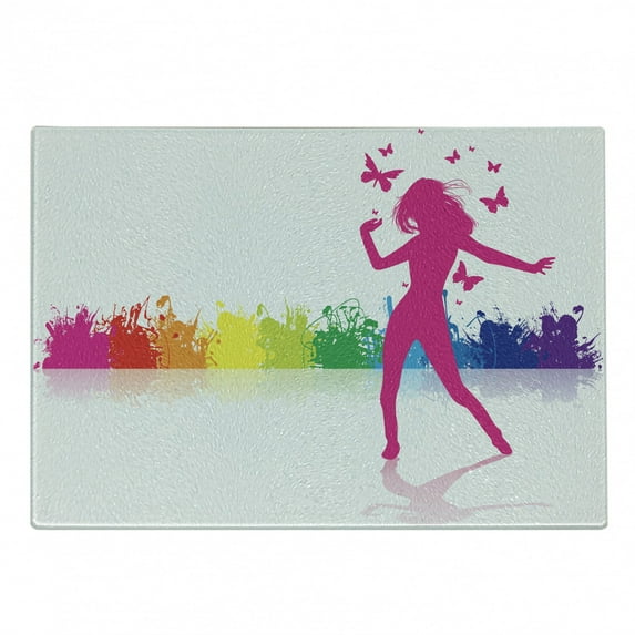 Colorful Cutting Board, Girl Dancing in Front of Color Splash Crowd Music Party Be Positive Vibrant Life, Decorative Tempered Glass Cutting and Serving Board, Small Size, Multicolor, by Ambesonne