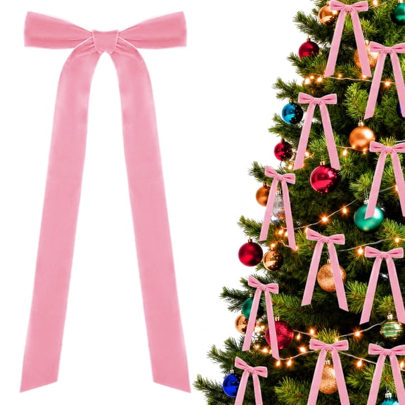Yexmas 12pcs Pink Velvet Christmas Bows, Ribbon Bows Xmas Ornaments for Christmas Tree Home Party Staircase Door Wreath Garland Holiday Decor