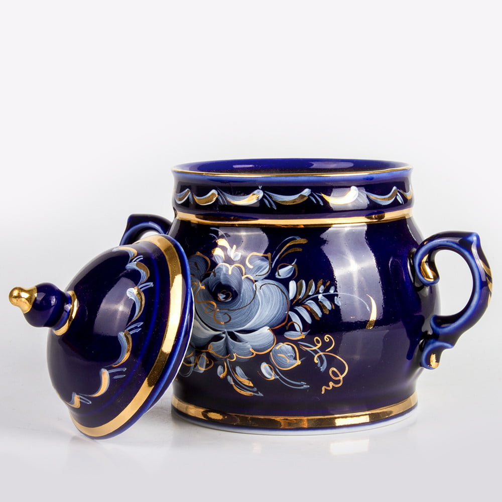 Porcelain Gzhel sugar bowl box server gold plated handmade in Russia