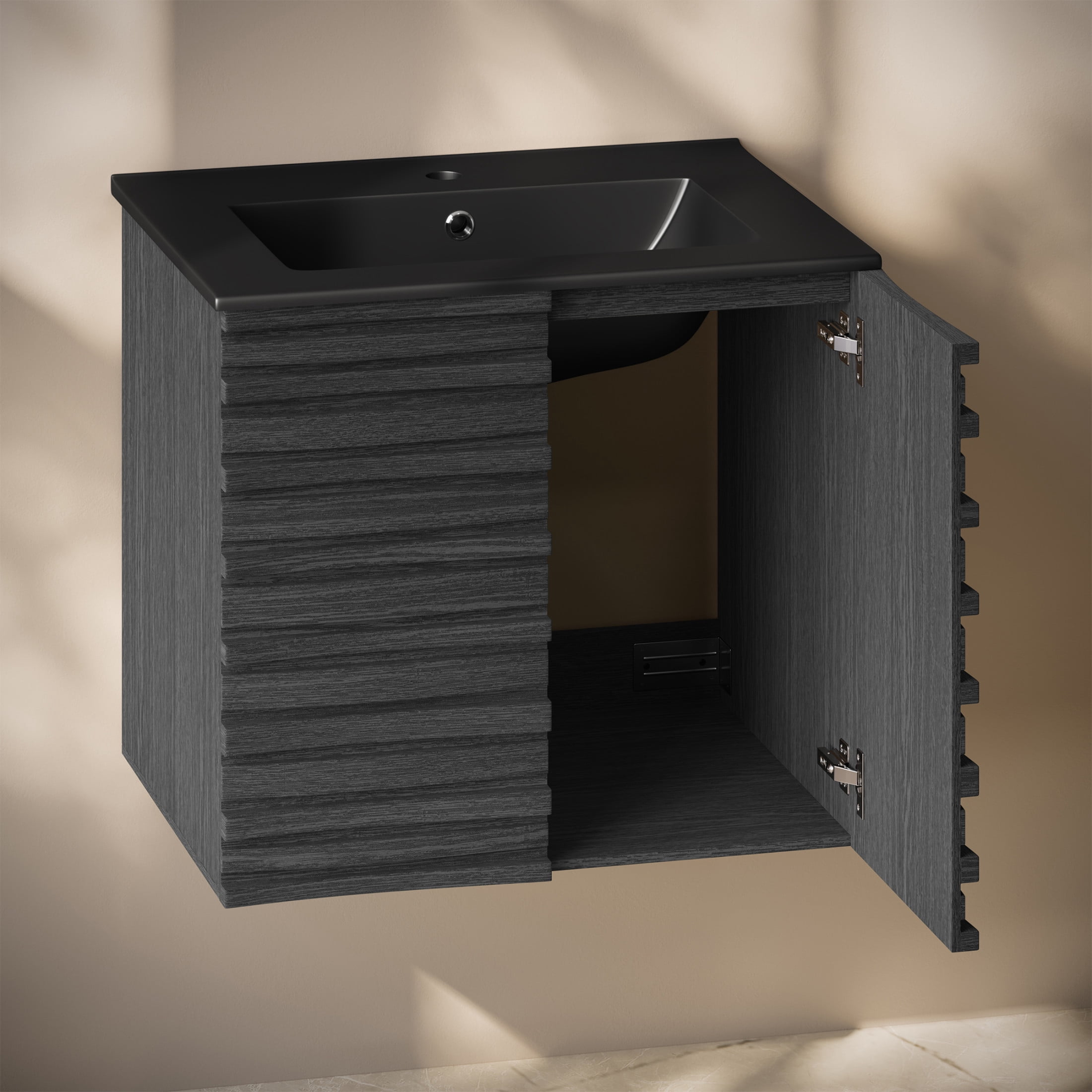 Cascade 24" Wall-Mounted Bathroom Vanity in Black Oak with Black Sink Top