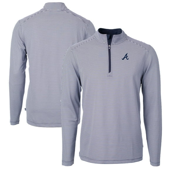 Men's Cutter & Buck Navy/White Atlanta Braves Virtue Eco Pique Micro Stripe Big & Tall Recycled Quarter-Zip Pullover Top