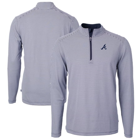 Men s Cutter & Buck Navy/White Atlanta Braves Virtue Eco Pique Micro Stripe Big & Tall Recycled Quarter-Zip Pullover Top