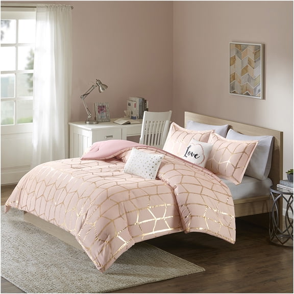 JERFIT Queen Size Comforter Set, Blush Pink and Gold Geometric Print Bedding Set, Ultra Soft Microfiber, Anti-Microbial, 5-Piece