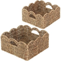 Scalloped Baskets (Natural-Set of 2) Seagrass Basket For Decor, Basket Living Room Organizer, Bathroom, Bedroom, Laundry,... Seagrass Storage Baskets with Built-in Handles.