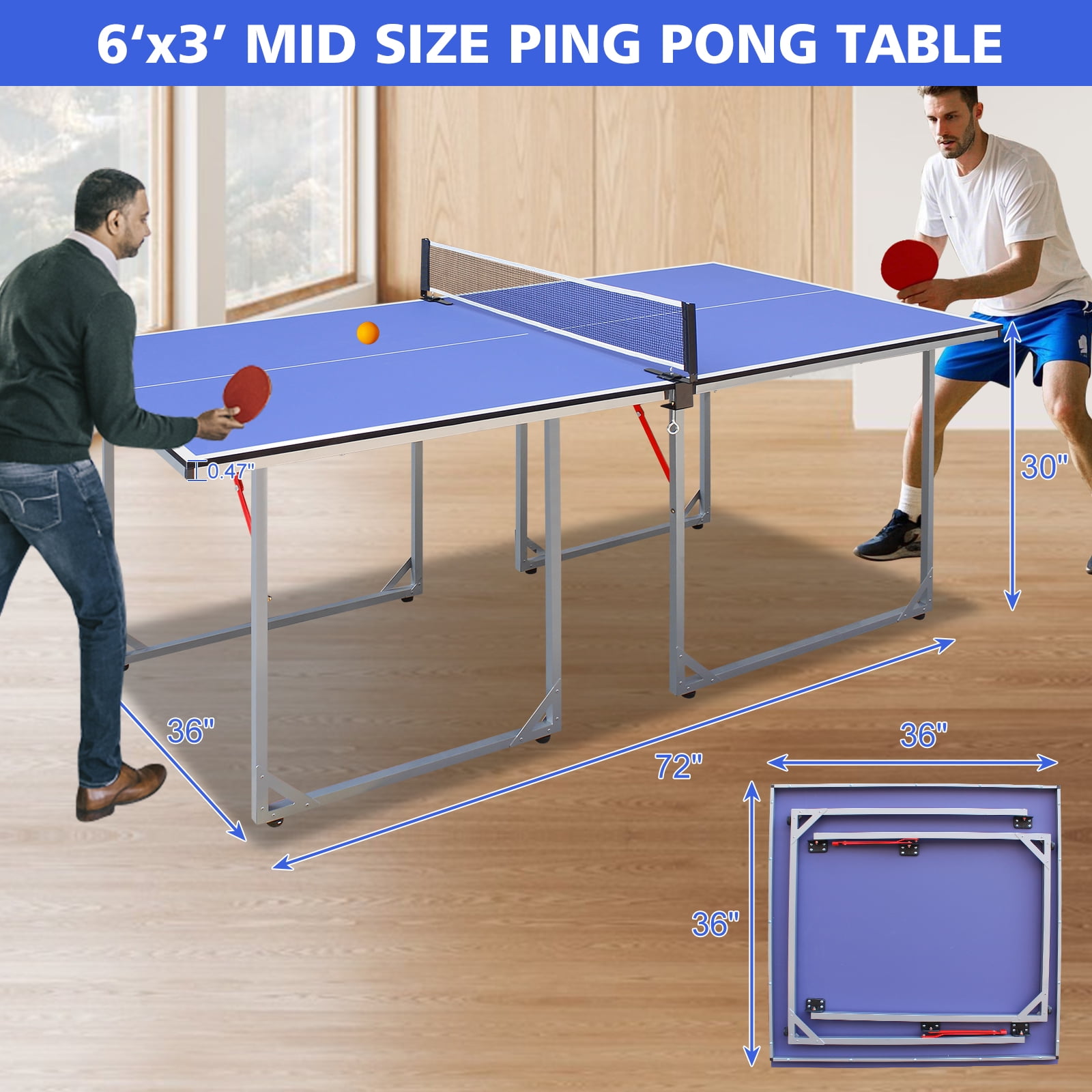 HooKung 6ft Foldable Table Tennis Table Set, Mid-Size Ping Pong Table Portable Table Tennis Game Set with Accessories