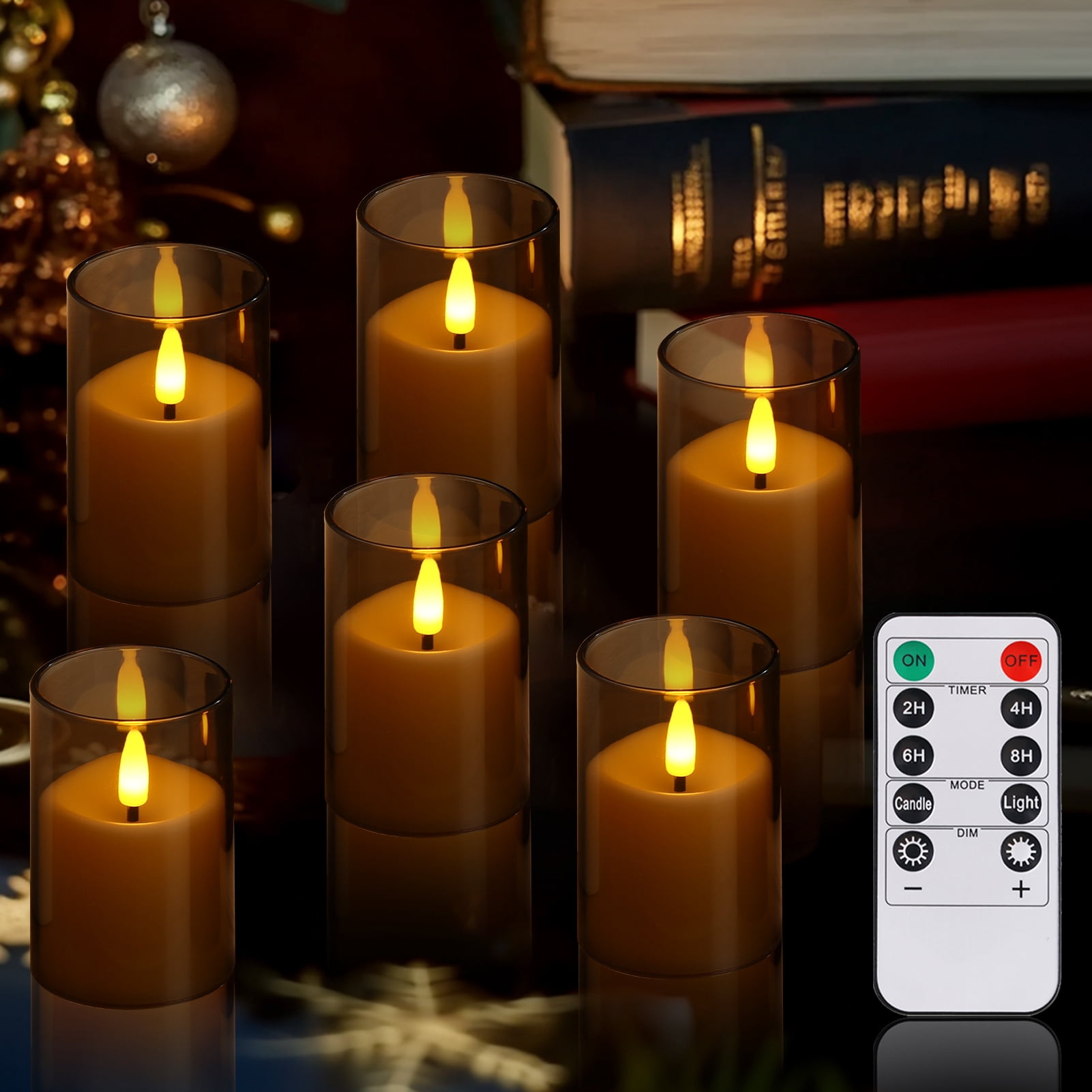 6Pack Glass Flickering Flameless Candles with Remote, 2"X3" Real Wax Votive Candles Battery Operated, Small Electric LED Candles for Wedding Home Decor, w/4 Timers+2 Lighting Modes [Gray]