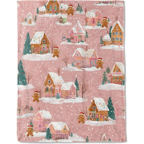 Christmas Decorative Throw Blanket Gingerbread House and Pink Snowy Print Decoration, Soft Flannel Winter Blankets for Couch Bed Sofa, Holiday Home Decor, Xmas Festival Gifts 40x50 Inch