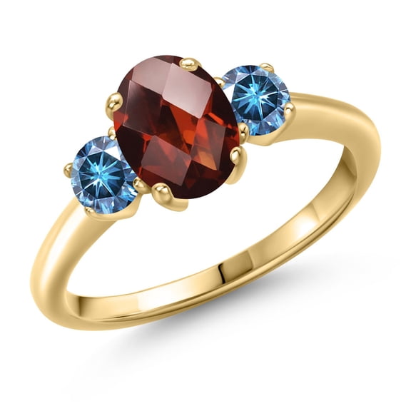 Gem Stone King 18K Yellow Gold Plated Silver Ring Oval/Checkerboard Red Garnet and Vivid Persian Blue Moissanite (1.99 Cttw, Size 7)