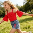 thumbnail image 6 of Girls 2Pcs Skirts Sets Outfits Summer Off Shoulder Crewneck Tops and Denim Vintage Skirts Versatile Cute Bow Print Tops School Outfits Casual Children Clothes Age 2-8 Years Red 5-6Years, 6 of 7