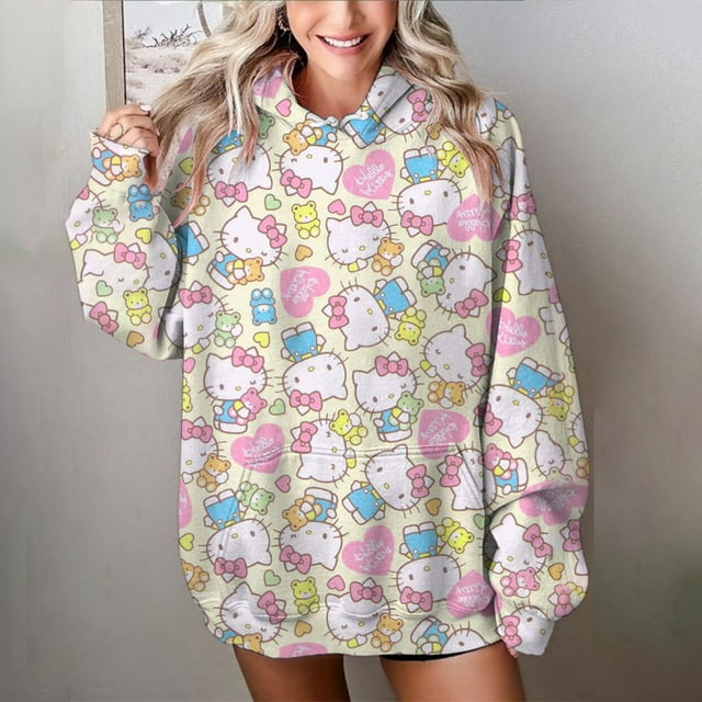 Automne Hiver Femmes Décontracté Mignon Hello Kitty Imprimé Manches Longues Chandail à Cordon Style Mignon Chandail à Capuche 2024