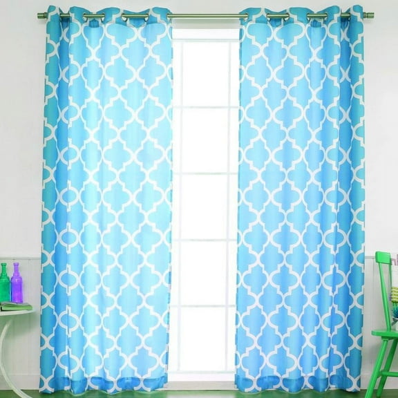 (S38) Turquoise/White 2pc Printed Sheer Grommet Window Treatment Set, Two (2) Geometric Pattern Panels 55"W x 108"L (Each)