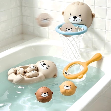 Ribeijess Baby Bath Toys for Toddlers Ages 1-3 Pool Basketball Hoop 2 Animal Sensory Balls & Fish Net Otter Floating Water Toys for Kids Boy Girl