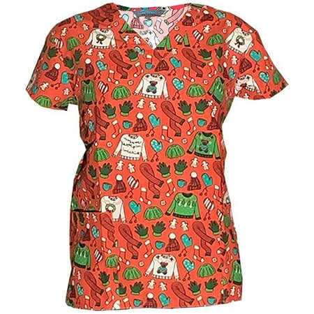 

V-Neck Print Scrub Top Christmas Holiday Red Ugly Christmas Sweater M