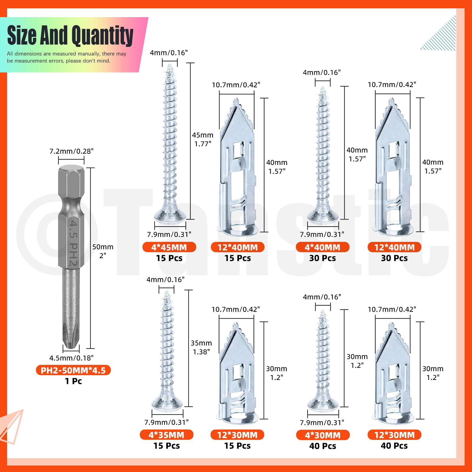 200Pcs Self Drilling Drywall Anchors with Screws, 4 Different Sizes Drywall Self Drilling Anchors Steel Wall Anchor with Screwdriver Bit for Wall Hanging(Black)