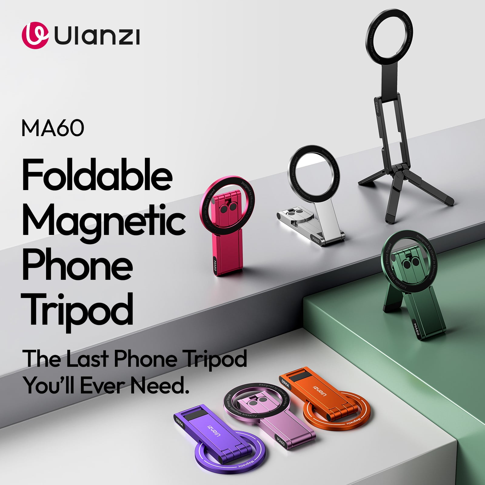 Ulanzi MA60 Foldable Magnetic Phone Tripod, MagSafe-Compatible Aluminum Stand for iPhone & Android, Lightweight 65g Portable Tripod for Travel, Vlogging & Live Streaming