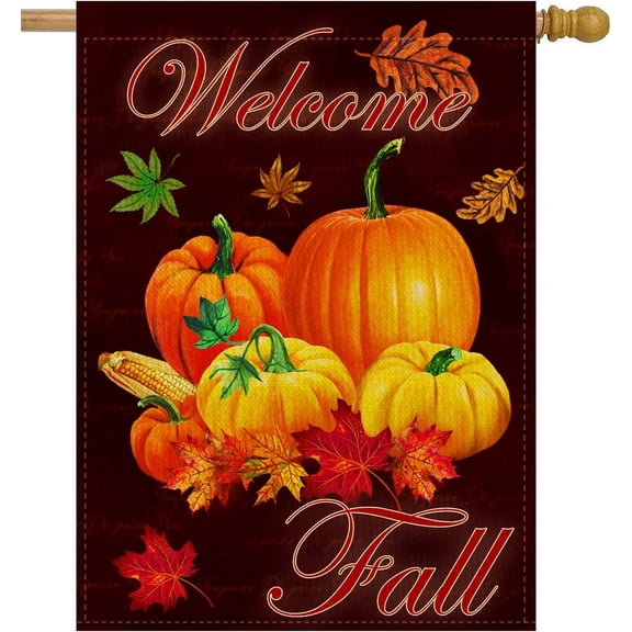 Moderong Welcome Fall 28 x 40 House Flag Farm Double Sided, Autumn Rustic Harvest Pumpkin Burlap Garden Yard Decoration, Maple Leaf Corn Vintage Seasonal Outdoor Décor Decorative Large Flag