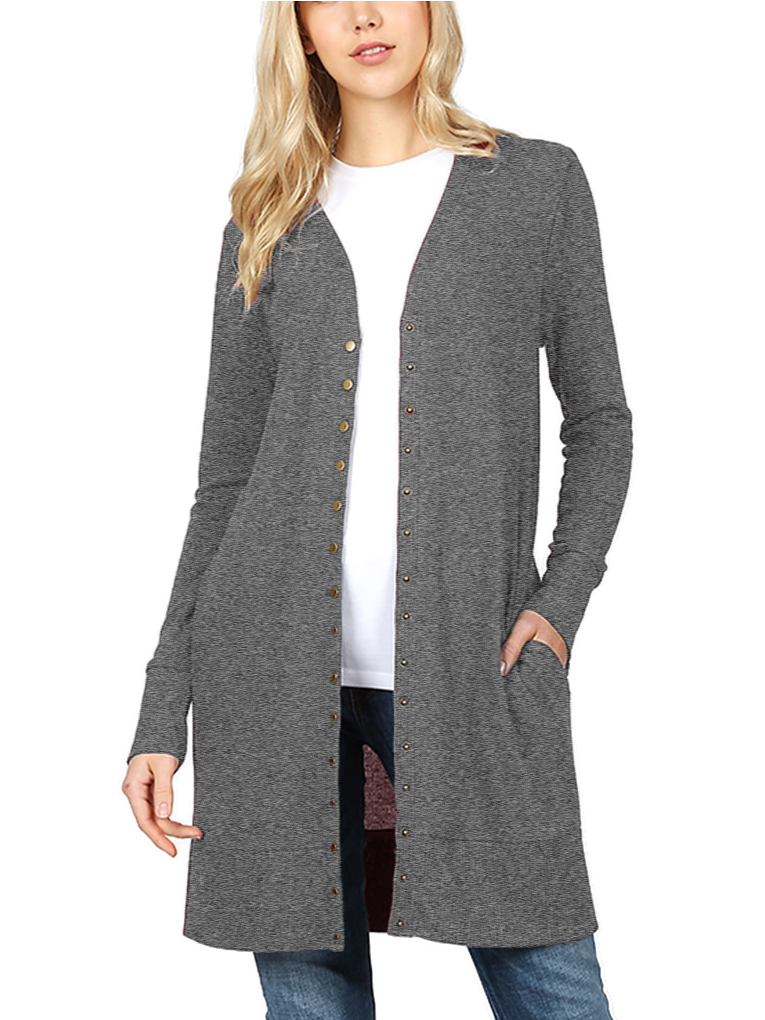 KOGMO Womens Long Knit Cardigan Sweater with Snap Buttons
