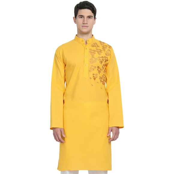 SKAVIJ Men's Indian Cotton Kurta Casual Long Shirt Party Dress Medium Gold