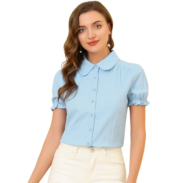 Blusa de Algodón con Volantes y Cuello Vuelto para Mujer Azul Claro S
