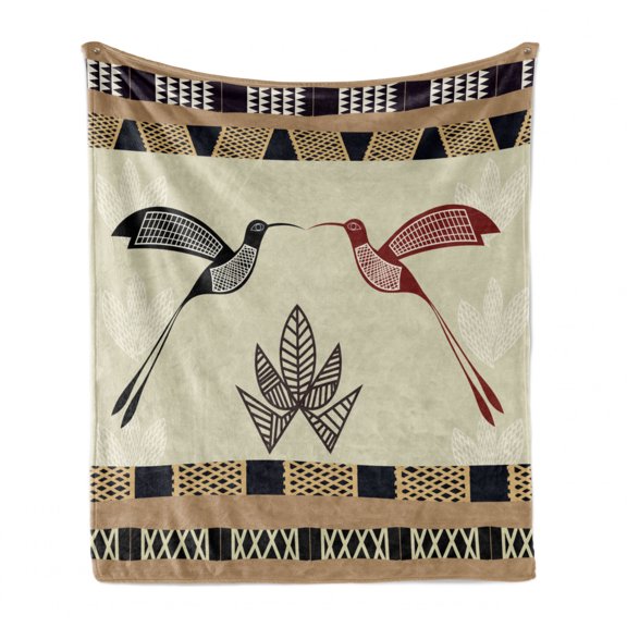 Hummingbird Soft Flannel Fleece Throw Blanket, Image of Bamboo and Hummingbirds Geometric Pattern Traditional Tribal Art, Cozy Plush for Indoor and Outdoor Use, 50" x 70", Brown Black, by Ambesonne