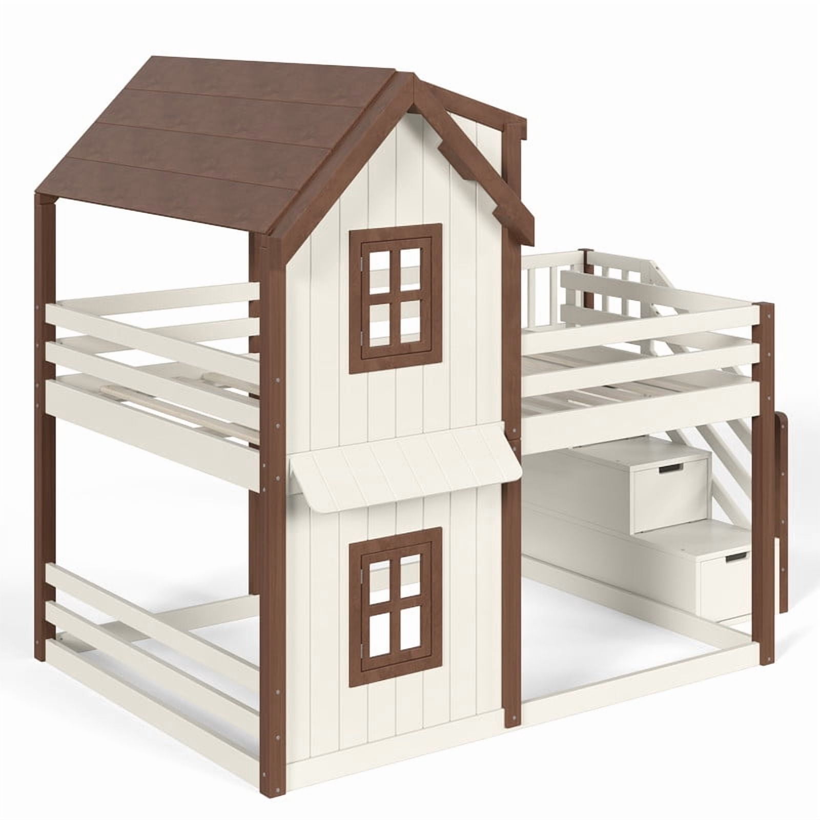 Full-Over-Full Kids House Bed Frame with Storage Stairs & Bottom Floor Bed, Playhouse Bunk Bed with Roof & Window