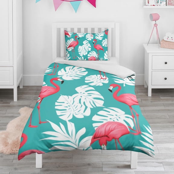 Flamingo and Palm Leaves Tropical Hawaii Duvet Cover and Pillowcase Set for Single Bedding, Bedroom Accessories for Kids Teens