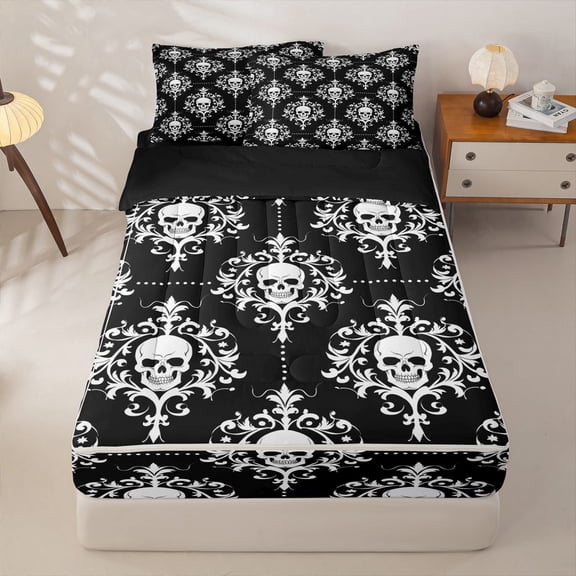 Homewish Hipple Halloween Skull Zipper Twin Comforter Sets with Fitted Sheet and 2 Pillowcases,Vintage Damask Zipper Bedding Set,Black White,Black Reversible,4pcs